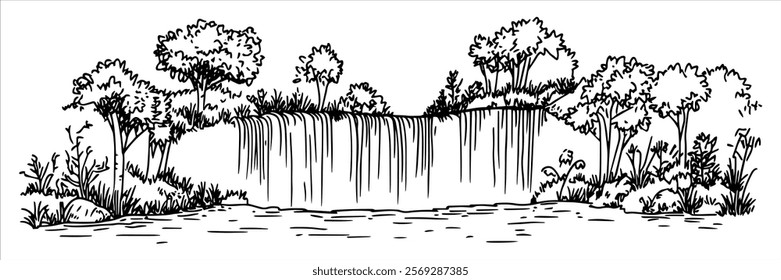 small waterfall with grass and plants on rocky edges hand drawn doodle sketch