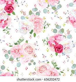 Small wedding bouquets of red and pink rose, white peony, camellia, hydrangea, blue berries and eucalyptus leaves pattern. Seamless vector print with rainbow round confetti backdrop.