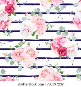 Small wedding bouquets of red and pink rose, white peony, camellia, hydrangea, blue berries and eucalyptus leaves pattern. Simple navy blue striped backdrop. All elements are isolated and editable