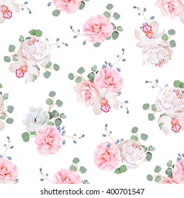Small wedding bouquets of rose, peony, camellia, orchid, anemone, camellia, blue berries and eucalyptis leaves. Seamless vector print on white background.