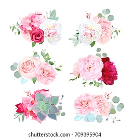 Small wedding bouquets of white and burgundy red peony, pink hydrangea, camellia, rose, succulents, eucalyptus. Birthday party flowers. Vector design set. All elements are isolated and editable.