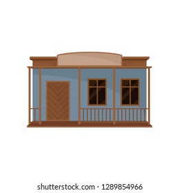 Small western house with blank signboard. Facade of old wooden building. Architecture theme. Flat vector icon