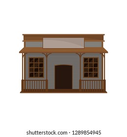 Small western house with wood porch and blank signboard. Old wild west saloon. Wooden building. Flat vector icon