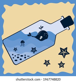 Small whale in a bottle with waves of shells and jellyfish, color vector illustration in the style of papercut