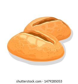 Small wheaten white bread rolls. Fresh crusty buns. Baking, pastry, cereal products. Can be used for eaten, toasts, sandwiches, sarnies, homemade burgers. Vector cartoon icon isolated on white.