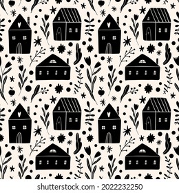 Small whimsical houses seamless pattern. Folk rural rustic fairytale Scandinavian style, hygge and lagom concept. Nordic scandi decor elements.