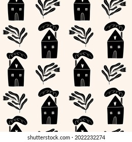 Small whimsical houses seamless pattern. Folk rural rustic fairytale Scandinavian style, hygge and lagom concept. Nordic scandi decor elements.
