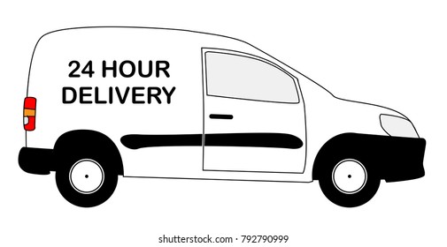 A small white 24 hour delivery van with copy space isolated on a white background