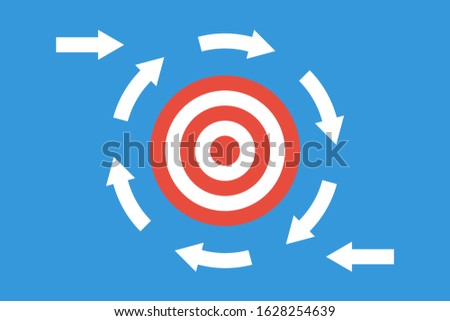 Small white arrows around aim target. Motivation or demotivation concept.