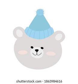 Small white bear in a knitted hat isolated on a white background. Blue winter hat with a fluffy pompom. Vector illustration of a cute animal. For children's clothing, textiles, stationery, character.