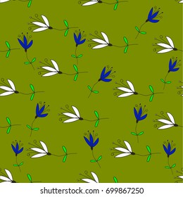 Small white and blue flowers with green leaves, drawn in a naive style, on a light green background, snowdrops, delicate seamless pattern. Freehand drawing vector.
