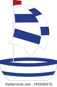 Small white and blue sailing ship