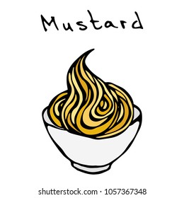 Small White Bowl of Mustard. Sauce for Fast Food like Hot Dog. Realistic Hand Drawn Illustration. Savoyar Doodle Style.