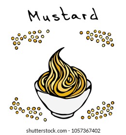 Small White Bowl of Mustard and Mustard Seeds. Sauce for Fast Food like Hot Dog. Realistic Hand Drawn Illustration. Savoyar Doodle Style.