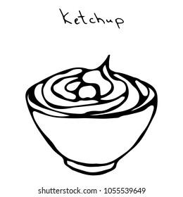 Small White Bowl of Red Tomato Ketchup. Popular Sauce For Italian Cuisine, Pizza, Fast Food and Beer Snacks like French Fries or Potato Chips. Realistic Hand Drawn Illustration. Savoyar Doodle Style.