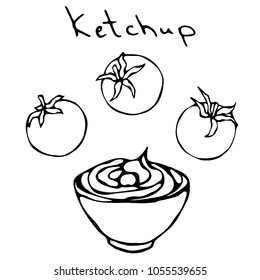 Small White Bowl of Red Tomato Ketchup and Cherry Tomatoes. Sauce For Italian Cuisine, Pizza, Fast Food, Beer Snacks French Fries or Chips. Realistic Hand Drawn Illustration. Savoyar Doodle Style.