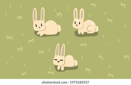 Small White Bunny in Different Poses on Green Grass or Lawn Vector Set