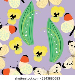 Small white butterfly and Anthocaris cardamines with Lily flowers and Pansy flowers seamless pattern over purple background;   