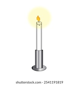 A small white candle in a metal support with a flame