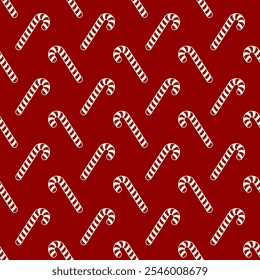 Small white candy canes isolated on dark red background. Cute monochrome seamless pattern. Vector simple flat graphic illustration. Texture.