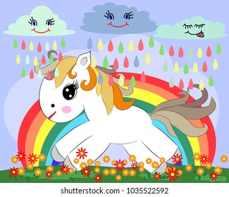 A small white cartoon pony on a glade with a rainbow, flowers, sun. Card