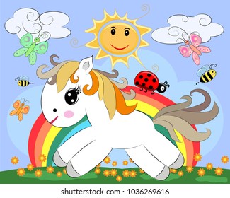 A small white cartoon pony on a glade with a rainbow, flowers, sun. Card