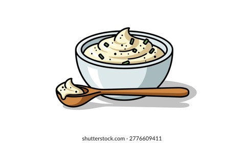 Small white ceramic bowl filled with creamy dip or herb-infused sauce garnished with fresh chives alongside a small wooden spoon.