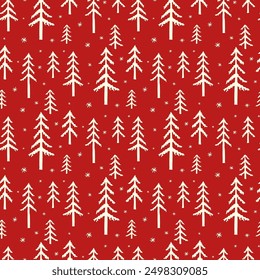 Pequeños árboles de Navidad blancos y copos de nieve aislados sobre fondo rojo. Lindo patrón monocromático sin costuras. Vector simple plano gráfico dibujado a mano ilustración. Textura.