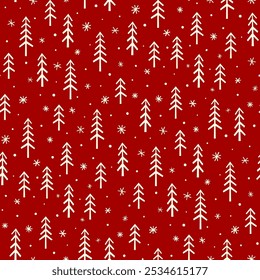 Pequeños árboles de Navidad blancos y copos de nieve aislados sobre fondo rojo. Lindo patrón monocromático sin costuras. Vector simple plano gráfico dibujado a mano ilustración. Textura.