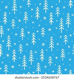 Small white christmas trees and snowflakes isolated on blue background. Cute monochrome seamless pattern. Vector simple flat graphic hand drawn illustration. Texture.