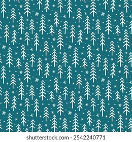 Small white Christmas trees and snowflakes isolated on green background. Cute monochrome seamless pattern. Vector simple flat graphic illustration. Texture.