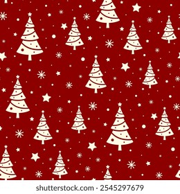 Small white Christmas trees, snowflakes and stars isolated on dark red background. Cute monochrome seamless pattern. Vector simple flat graphic illustration. Texture.