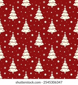 Small white Christmas trees, snowflakes and stars isolated on dark red background. Cute monochrome seamless pattern. Vector simple flat graphic illustration. Texture.