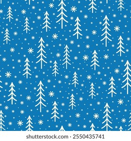 Small white Christmas trees and snowflakes isolated on blue green background. Cute monochrome seamless pattern. Vector simple flat graphic illustration. Texture.
