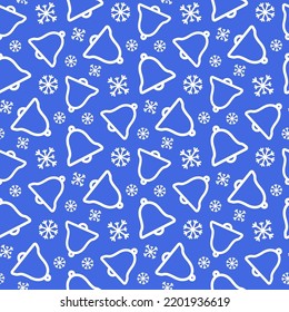 Small white contour linear bells and snowflakes isolated on a blue background. Cute monochrome Christmas seamless pattern. Vector simple flat graphic illustration. Texture.