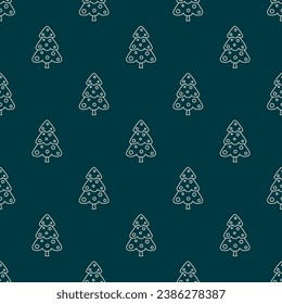 Small white contour linear Christmas trees isolated on a blue-green background. Cute monochrome holiday seamless pattern. Vector simple flat graphic illustration. Texture.