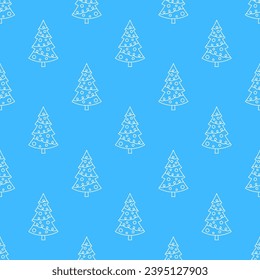 Small white contour linear decorated Christmas trees isolated on a blue background. Cute monochrome holiday seamless pattern. Vector simple flat graphic illustration. Texture.