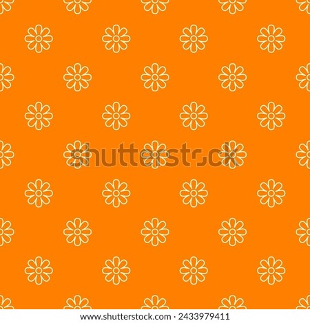 Small white contour linear flowers isolated on an orange background. Cute floral monochrome seamless pattern. Vector simple flat graphic illustration. Texture.