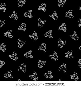 Small white contour linear skulls and crossbones isolated on a black background. Monochrome seamless pattern. Vector simple flat graphic illustration. Texture.