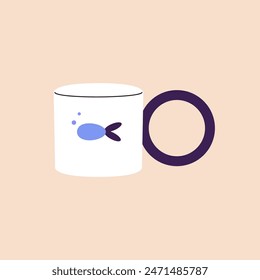 Small white cup with print of cute fish. Design of mug with round shape handle and stylish pattern. Pottery teacup, ceramic tableware for tea, hot drinks, beverages. Flat isolated vector illustration