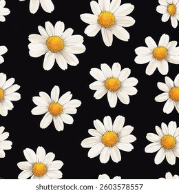 Small white daisies with yellow centers on a black background, watercolor flower seamless pattern. Watercolor print in rustic vintage style, textile or wallpaper.  
