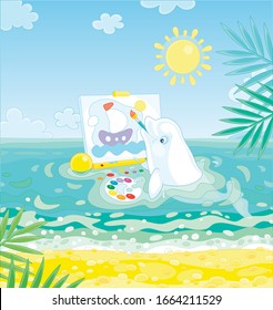 Small white dolphin drawing a funny picture of a toy sailing ship in blue water of a tropical beach on a sunny summer day, vector cartoon illustration