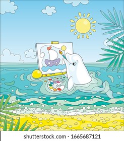 Small white dolphin drawing a funny picture of a toy sailing ship in blue water of a tropical beach on a sunny summer day, vector cartoon illustration