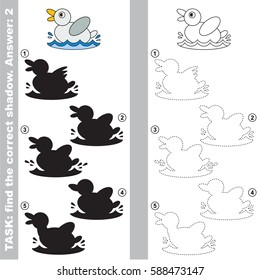 Small white Duck with different shadows to find the correct one, compare and connect object with it true shadow, the educational kid game with simple gaming level.