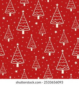 Pequeños árboles de Navidad elegantes blancos y copos de nieve aislados sobre fondo rojo. Lindo patrón monocromático sin costuras. Vector simple plano gráfico dibujado a mano ilustración. Textura.