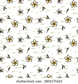 Small white flower vector seamless pattern. Tropical plumeria summer illustration. Blossom hawaii wallpaper background.