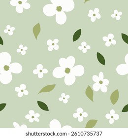Small white flowers with  leaves Seamless pattern background ideal for wrapping paper, fabric, textile etc