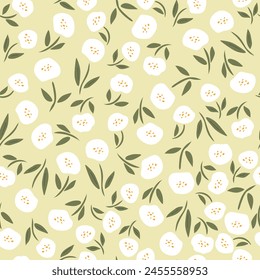 A lot of small white flowers on light yellow background. vector illustration.