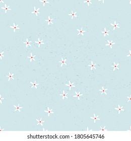Pequeñas flores blancas con fondo azul cielo. Diseño de patrones impecable. Pequeña textura de flor blanca para envolver, textiles y tela. Patrón floral digital dibujado a mano.
