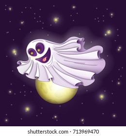 A small white ghost flies against the background of the moon and the starry sky. A cheerful character. Vector image in the style of a Cartoon for the holiday of Halloween